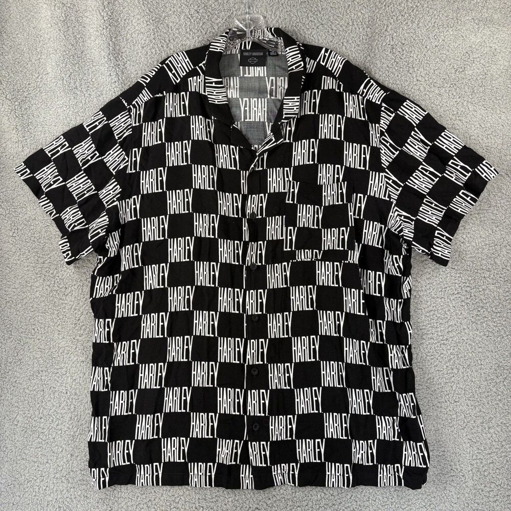 Harley Davidson Hawaiian Shirt Mens 3XL Black All Over Logo Print Short Sleeve